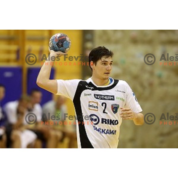 Tilen Strmljan of Riko Ribnica in action in second round qualifiaction for EHF Europa league handball match between Riko Ribnica and SKA Minsk in Ribnica Sports Hall, Slovenia on October 5, 2019