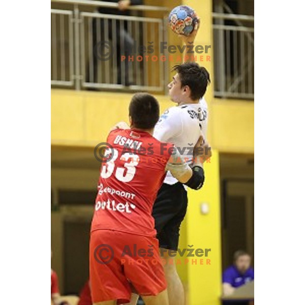 Tilen Strmljan of Riko Ribnica in action in second round qualifiaction for EHF Europa league handball match between Riko Ribnica and SKA Minsk in Ribnica Sports Hall, Slovenia on October 5, 2019