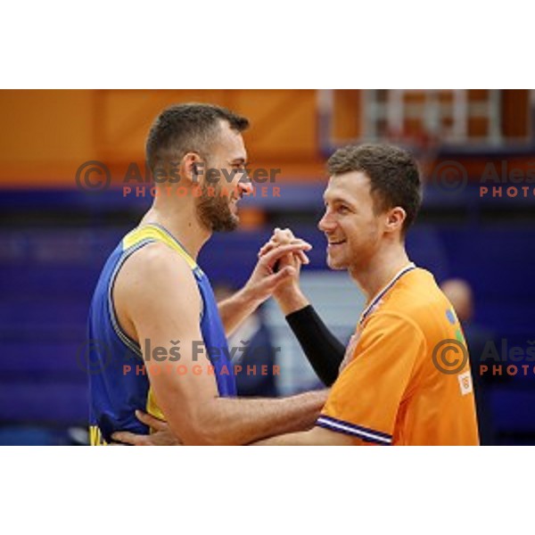 Smiljan Pavic and Blaz Mahkovic in action during 1.SKL basketball match between Helios Suns and Sencur GGD in Domzale Sports Hall, Slovenia on October 5, 2019