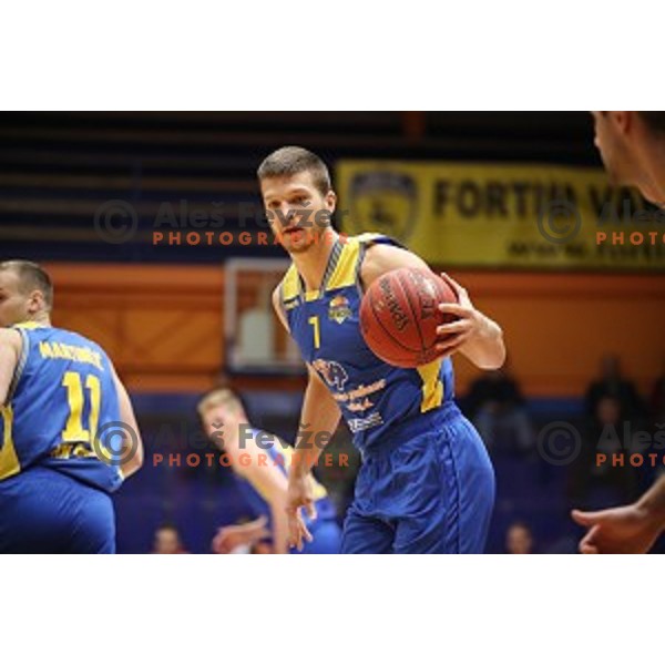 Dino Muric in action during 1.SKL basketball match between Helios Suns and Sencur GGD in Domzale Sports Hall, Slovenia on October 5, 2019