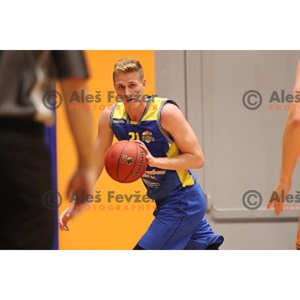 Ziga Jurcek in action during 1.SKL basketball match between Helios Suns and Sencur GGD in Domzale Sports Hall, Slovenia on October 5, 2019