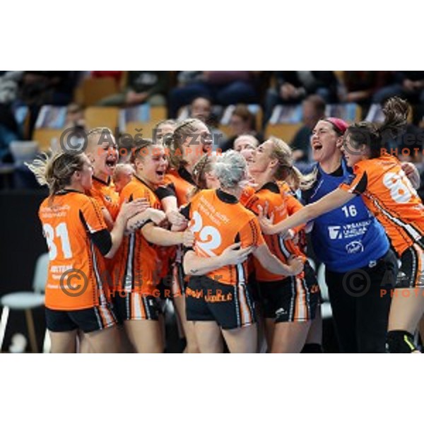 Players of Banik Most celebrate victory in EHF Women\'s Champions League handball match between Krim Mercator and Banik most in Kodeljevo Hall, Ljubljana, Slovenia on October 6, 2019