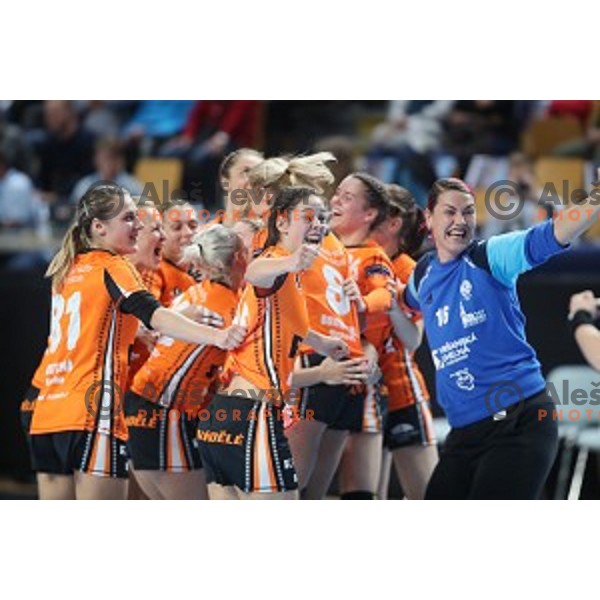 Players of Banik Most celebrate victory in EHF Women\'s Champions League handball match between Krim Mercator and Banik most in Kodeljevo Hall, Ljubljana, Slovenia on October 6, 2019