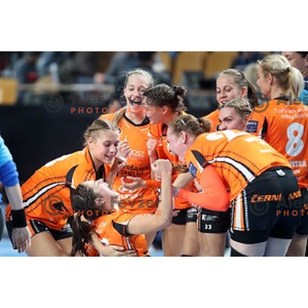 Players of Banik Most celebrate victory in EHF Women\'s Champions League handball match between Krim Mercator and Banik most in Kodeljevo Hall, Ljubljana, Slovenia on October 6, 2019