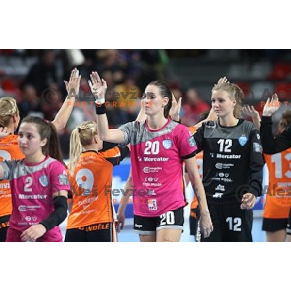 Alja Varagic and Hana Gjerek of Krim Mercator during EHF Women\'s Champions League handball match between Krim Mercator and Banik most in Kodeljevo Hall, Ljubljana, Slovenia on October 6, 2019