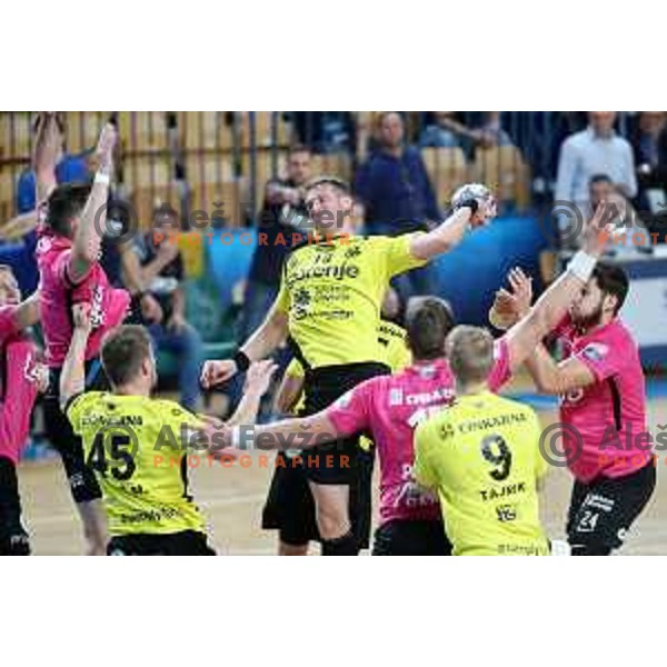 David Miklavcic in action during 1.NLB league handball match between Celje Pivovarna Lasko and Gorenje Velenje in Arena Zlatorog, Celje, Slovenia on October 9, 2019