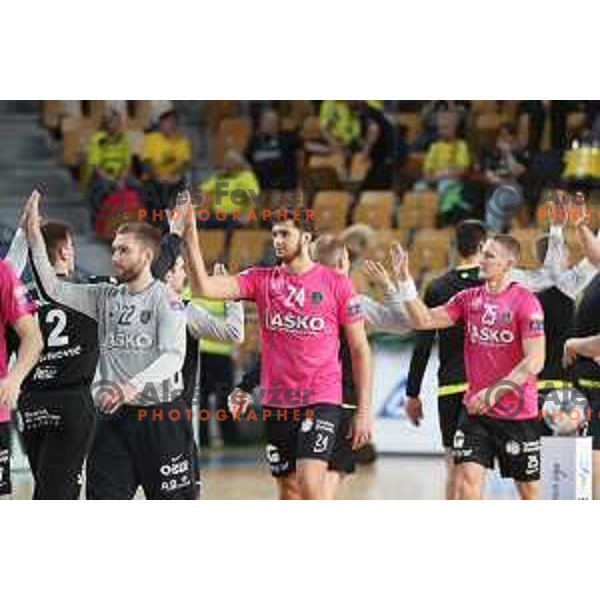 KLemen Ferlin, Diogo Borges da Silva and Tilen Kodrin in action during 1.NLB league handball match between Celje Pivovarna Lasko and Gorenje Velenje in Arena Zlatorog, Celje, Slovenia on October 9, 2019