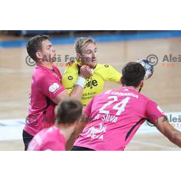 Vid Poteko and Zan Sol in action during 1.NLB league handball match between Celje Pivovarna Lasko and Gorenje Velenje in Arena Zlatorog, Celje, Slovenia on October 9, 2019