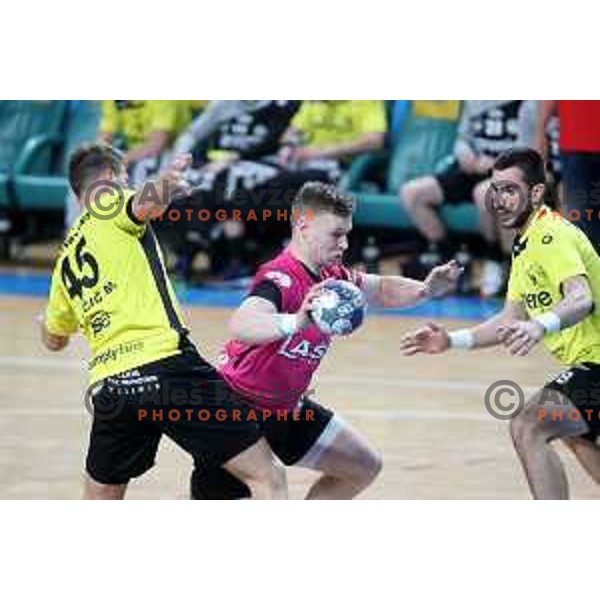Kristjan Horzen in action during 1.NLB league handball match between Celje Pivovarna Lasko and Gorenje Velenje in Arena Zlatorog, Celje, Slovenia on October 9, 2019