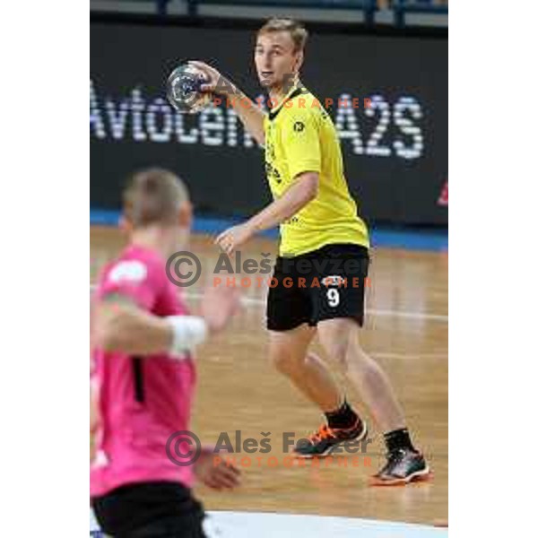 Domen Tajnik in action during 1.NLB league handball match between Celje Pivovarna Lasko and Gorenje Velenje in Arena Zlatorog, Celje, Slovenia on October 9, 2019