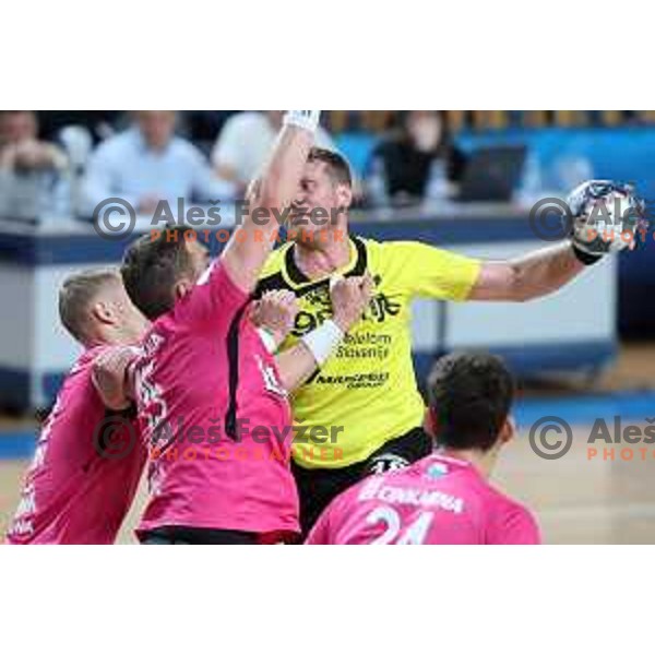 David Miklavcic in action during 1.NLB league handball match between Celje Pivovarna Lasko and Gorenje Velenje in Arena Zlatorog, Celje, Slovenia on October 9, 2019