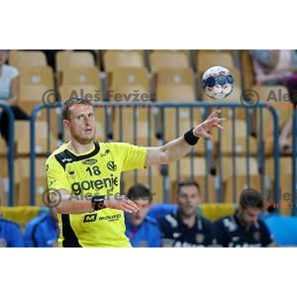 David Miklavcic in action during 1.NLB league handball match between Celje Pivovarna Lasko and Gorenje Velenje in Arena Zlatorog, Celje, Slovenia on October 9, 2019