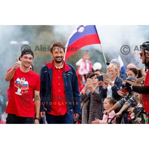 Cycling superstar Primoz Roglic and Mayor Matjaz Svagan during Reception in Zagorje, Slovenia on October 15, 2019