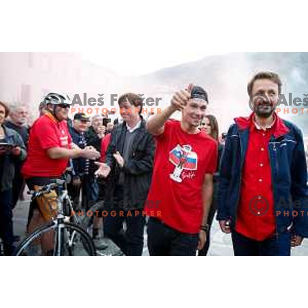 Cycling superstar Primoz Roglic and Mayor Matjaz Svagan during Reception in Zagorje, Slovenia on October 15, 2019