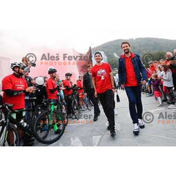 Cycling superstar Primoz Roglic and Mayor Matjaz Svagan during Reception in Zagorje, Slovenia on October 15, 2019