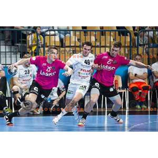 Jan Grebenc and Kristjan Horzen in action during Velux EHF Champions League 2019/20 handball match between Celje Pivovarna Lasko and Elverum in Zlatorog Arena, Celje, Slovenia on October 20, 2019