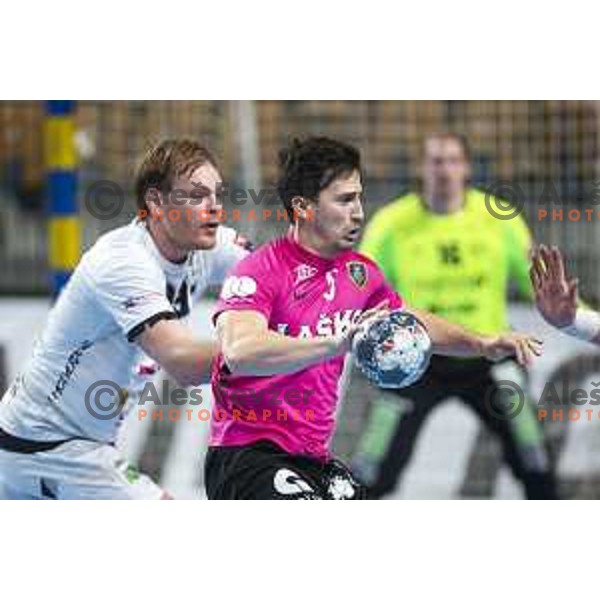 David Razgor in action during Velux EHF Champions League 2019/20 handball match between Celje Pivovarna Lasko and Elverum in Zlatorog Arena, Celje, Slovenia on October 20, 2019