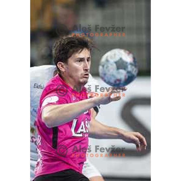 David Razgor in action during Velux EHF Champions League 2019/20 handball match between Celje Pivovarna Lasko and Elverum in Zlatorog Arena, Celje, Slovenia on October 20, 2019