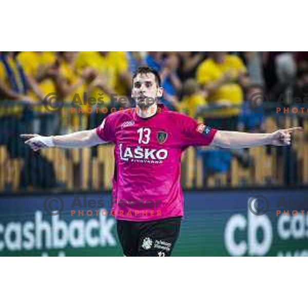 Josip Sarac in action during Velux EHF Champions League 2019/20 handball match between Celje Pivovarna Lasko and Elverum in Zlatorog Arena, Celje, Slovenia on October 20, 2019