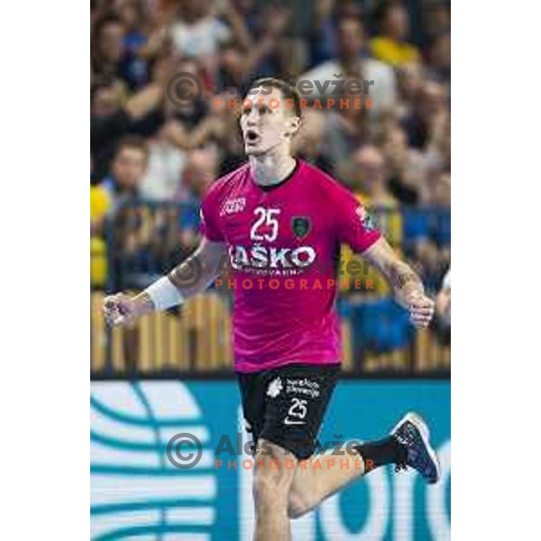 Tilen Kodrin in action during Velux EHF Champions League 2019/20 handball match between Celje Pivovarna Lasko and Elverum in Zlatorog Arena, Celje, Slovenia on October 20, 2019