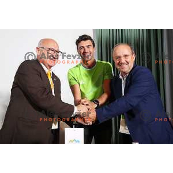 Bogdan Gabrovec, Zan Luka Zelko and Aljosa Tomaz after signing the contract of Slovenia Olympic team candidates for Tokyo 2020 Summer Olympic games during Days of Slovenian Olympic Committee in hotel Bernardin, Portoroz, Slovenia on October 21, 2019