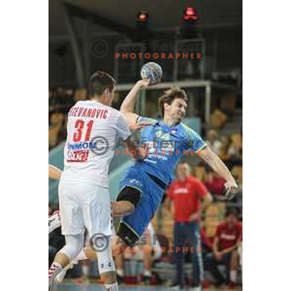 Sebastian Skube of Slovenia in action during preparatory handball match between team Slovenia and Serbia in Lukna, Maribor, Slovenia on October 27, 2019