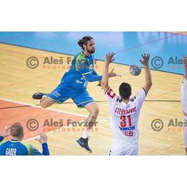 Dean Bombac of Slovenia in action during preparatory handball match between team Slovenia and Serbia in Lukna, Maribor, Slovenia on October 27, 2019