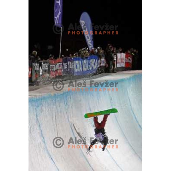 Brendan Davis (CAN) in second run at Nokia Snowboard FIS World Cup Half pipe final in Calgary, Alberta, Canada on February 29th 2008. Photo by Ales Fevzer 