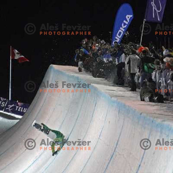 Jeff Batchelor chrashes at Nokia Snowboard FIS World Cup Half pipe final in Calgary, Alberta, Canada on February 29th 2008. Photo by Ales Fevzer 