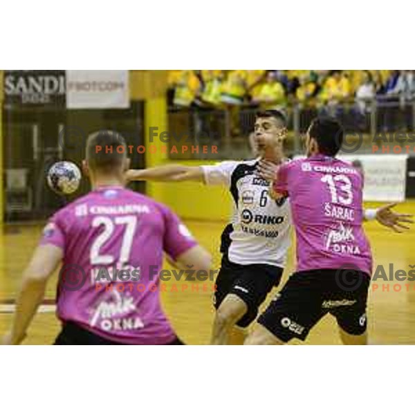 action during 1.NLB League handball match between Riko Ribnica and Celje Pivovarna Lasko in Ribnica Sports Hall, Slovenia on October 30, 2019