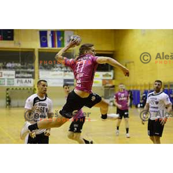 action during 1.NLB League handball match between Riko Ribnica and Celje Pivovarna Lasko in Ribnica Sports Hall, Slovenia on October 30, 2019