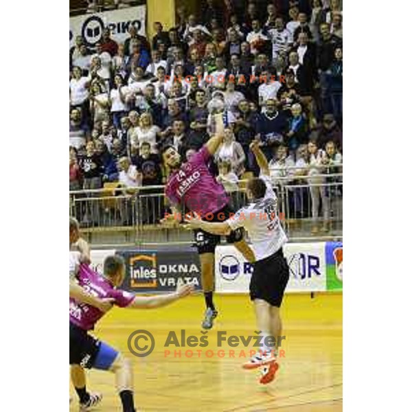 action during 1.NLB League handball match between Riko Ribnica and Celje Pivovarna Lasko in Ribnica Sports Hall, Slovenia on October 30, 2019