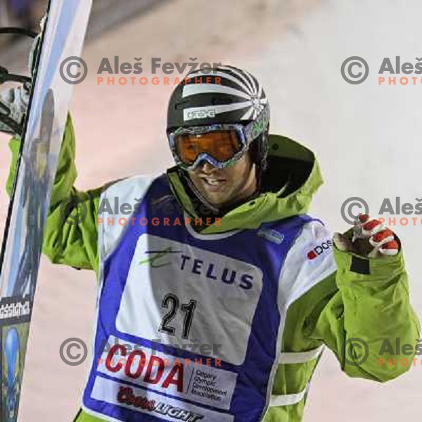 Brad Martin (CAN) celebrate victory at Nokia Snowboard FIS World Cup Half pipe final in Calgary, Alberta, Canada on February 29th 2008. Photo by Ales Fevzer 