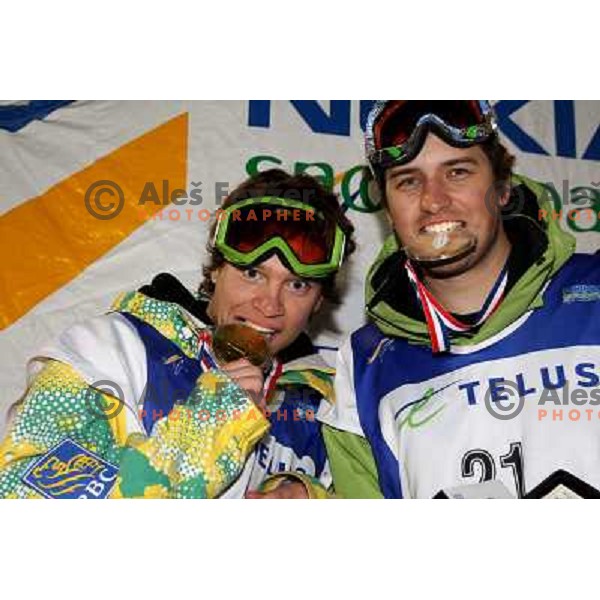 Second placed Jeff Batchelor (CAN, left) and winner Brad Martin (CAN) at Nokia Snowboard FIS World Cup Half pipe final in Calgary, Alberta, Canada on February 29th 2008. Photo by Ales Fevzer 
