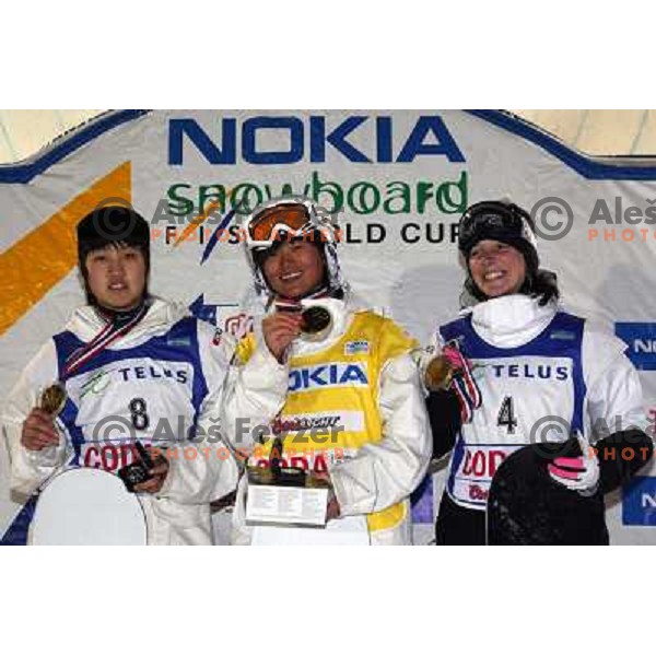 Chen Xu (CHN, 8) winner Jiayu Liu (CHN) and Sophie Rodriguez (FRA) at Nokia Snowboard FIS World Cup Half pipe final in Calgary, Alberta, Canada on February 29th 2008. Photo by Ales Fevzer 