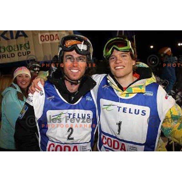 Brendan Davis (CAN,2) and Jeff Batchelor (CAN ,1) at Nokia Snowboard FIS World Cup Half pipe final in Calgary, Alberta, Canada on February 29th 2008. Photo by Ales Fevzer 