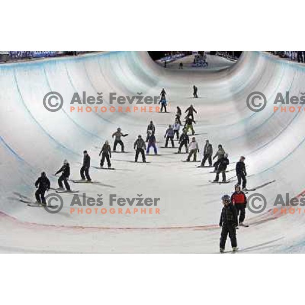 Snowboarders preparing half pipe before Nokia Snowboard FIS World Cup Half pipe final in Calgary, Alberta, Canada on February 29th 2008. Photo by Ales Fevzer 