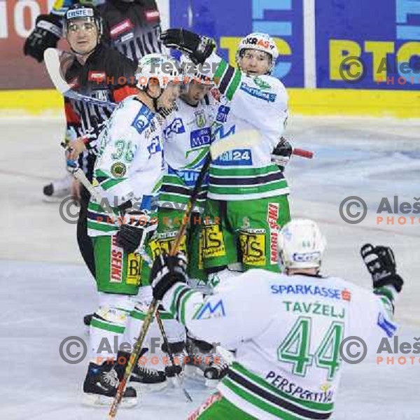 Olimpija Players celebrate goal at EBEL league fourth game of Semi-final of Ebel league, ZM Olimpija - Blackwings LINZ, Tivoli, Ljubljana 