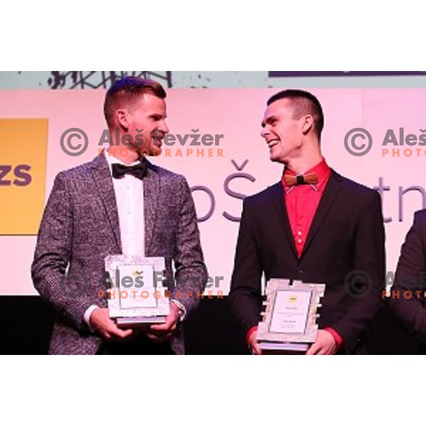 Matej Zagar and Tim Gajser, MXGP World Champion with trophy for best Moto sportsman of the year 2019 in Slovenia on November 22, 2019