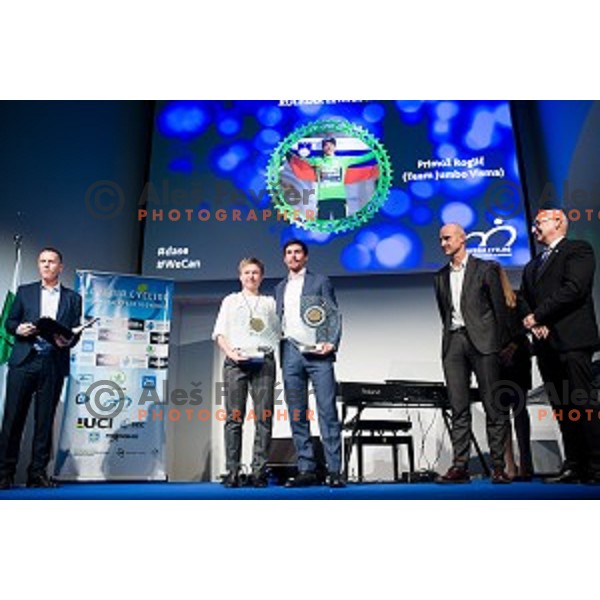 Tanja Zakelj and Primoz Roglic during Night of the Cycling stars 2019 at Ljubljana Castle, Ljubljana, Slovenia on November 26, 2019