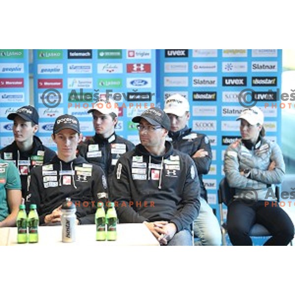 Peter Prevc and Gorazd Bertoncelj, head coach of Slovenia Ski jumping team at press conference in Ljubljana on December 3, 2019