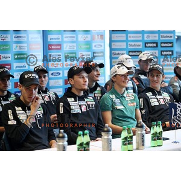 Anze Lanisek, Anamarija Lampic and Peter Prevc of Slovenia Nordic Ski team during press conference in Ljubljana on December 3, 2019