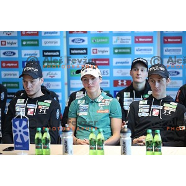 Anamarija Lampic and Peter Prevc of Slovenia Nordic Ski team during press conference in Ljubljana on December 3, 2019