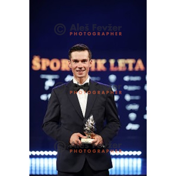 cyclist Primoz Roglic with trophy for Sportsman of the year 2019 in Ljubljana on December 17, 2019