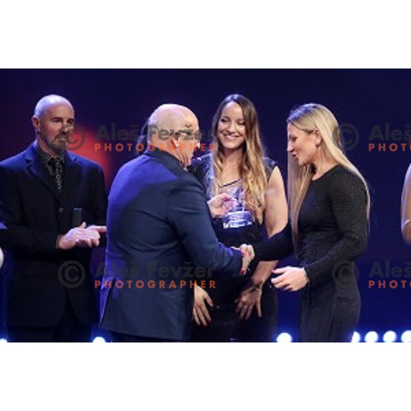 Bogdan Gabrovec, president of OKS congratulates to Anja Osterman and Spela Ponomarenko Janic at Best Slovenian Sportsman of the year 2019 gala night in Ljubljana, Slovenia on December 17, 2019