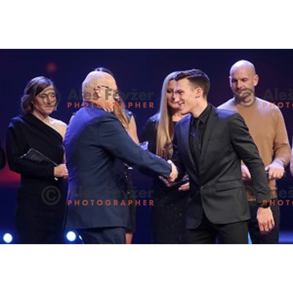 Bogdan Gabrovec, president of OKS congratulates Luka Bozic at Best Slovenian Sportsman of the year 2019 gala night in Ljubljana, Slovenia on December 17, 2019