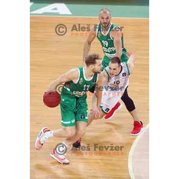 Jaka Blazic and Klemen Prepelic in action during 7Days EuroCup regular season basketball match between Cedevita Olimpija Ljubljana (SLO) and Joventut Badalona (ESP) in Arena Stozice, Ljubljana, Slovenia on December 18, 2019