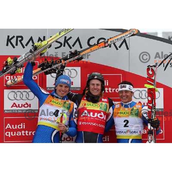 Moellg (4), winner Ted Ligety and Blardone (2) in Kranjska Gora, Slovenia 8.3.2008 