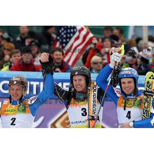 Blardone (2), Ligety (3) and Moelgg (4) at finish of second run of Audi FIS Alpine Ski World Cup Giant Slalom in Kranjska gora, Slovenia on 8th of March 2008. Photo by Ales Fevzer 