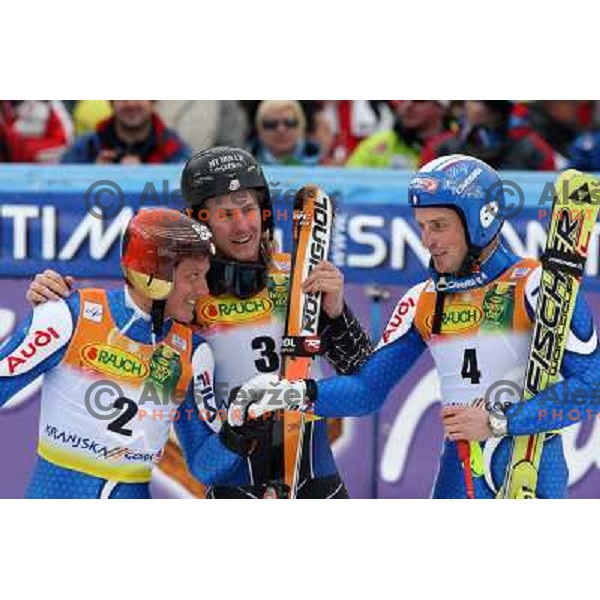 Blardoen, ligety and Moelgg at finish of second run of Audi FIS Alpine Ski World Cup Giant Slalom in Kranjska gora, Slovenia on 8th of March 2008. Photo by Ales Fevzer 
